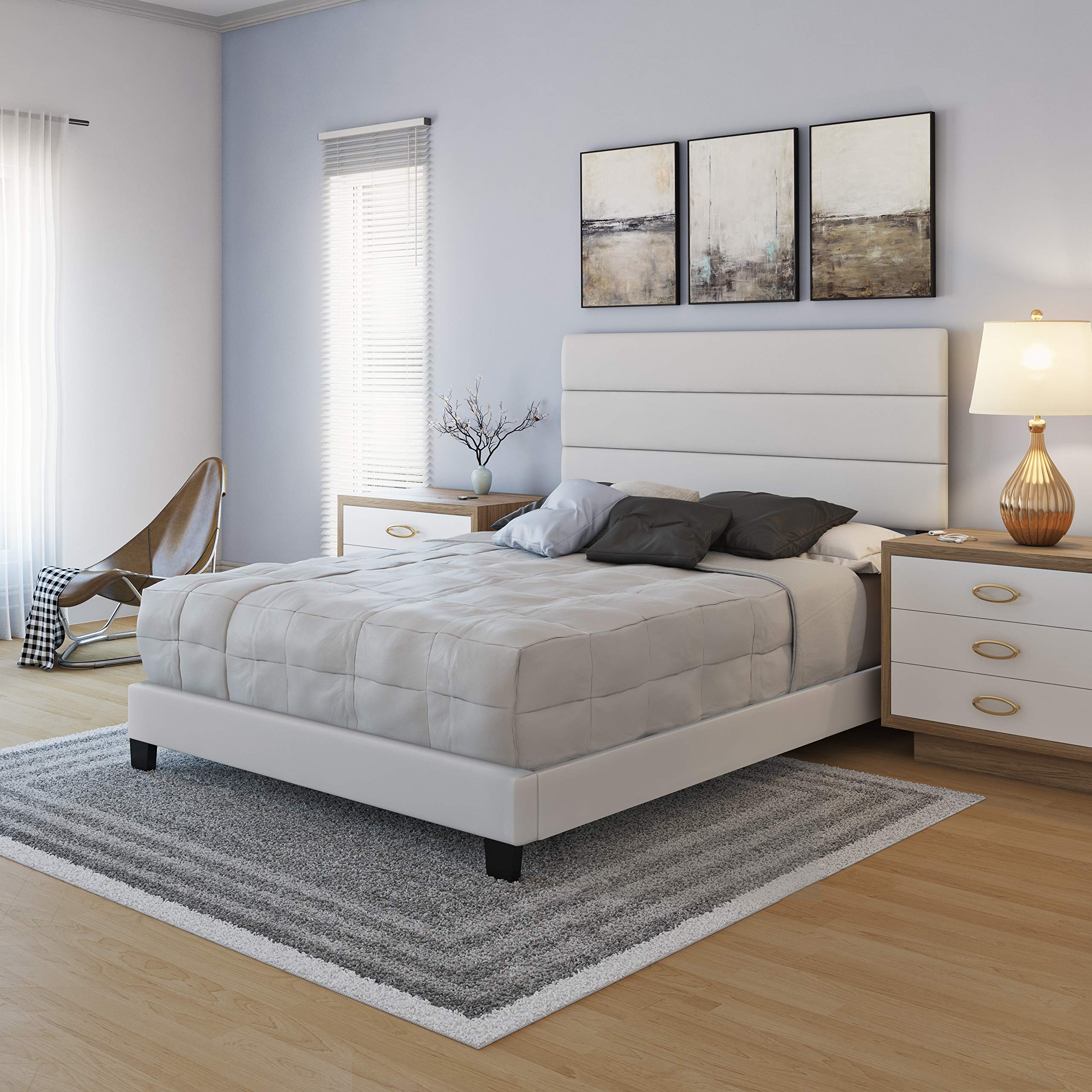 Boyd Sleep Piedmont Upholstered Platform Bed Frame Mattress Foundation With Tri-Panel Headboard And Strong Wood Slat Supports: Faux Leather, White, King